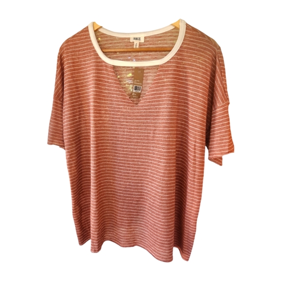 BKE Striped Cut Out Drop Shoulder Knit Top Old Rose Cream Small Boho Western - Picture 2 of 10
